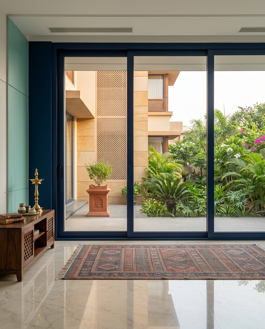 Modern Indian interior with slim navy aluminium sliding doors, jaali façade and brass diya — by Priyanshi Enterprises