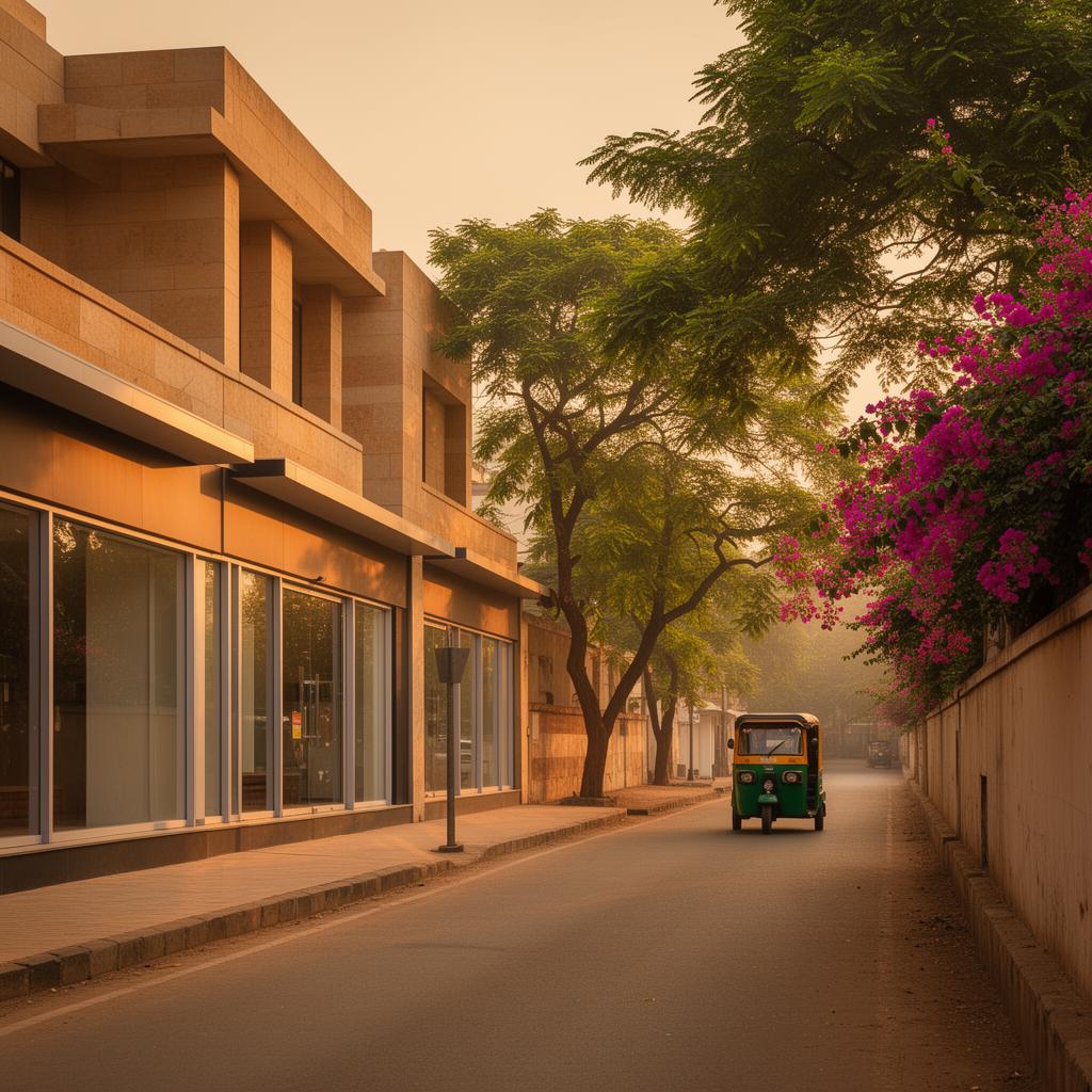 Quiet golden-hour street scene in Vadodara, Gujarat — sandstone shopfronts, neem trees and bougainvillea